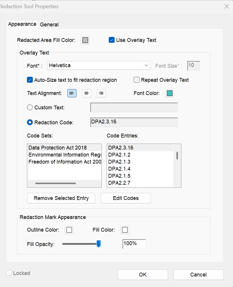 A completed redaction tool properties screen.
